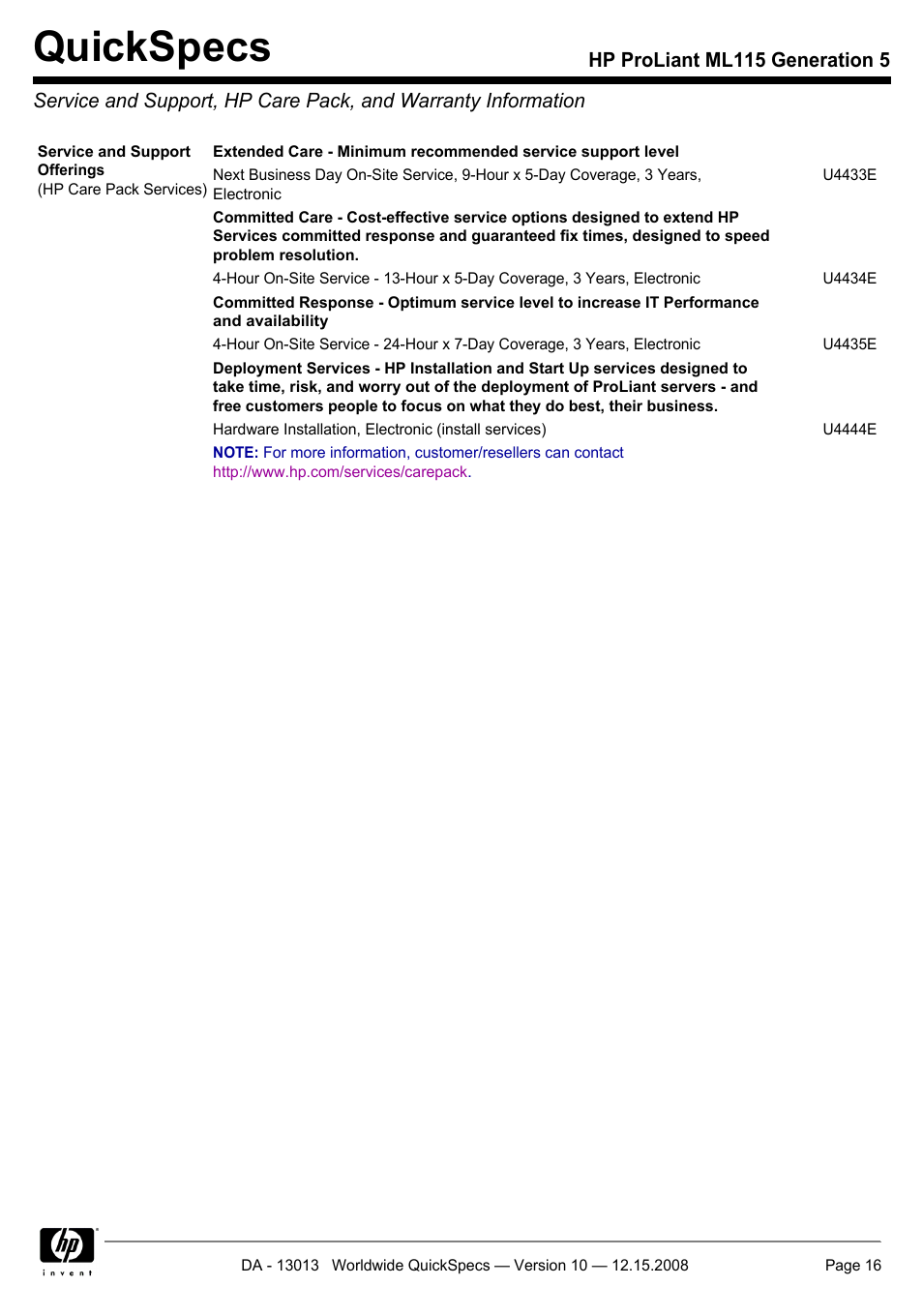 Quickspecs | HP ProLiant ML115 G5 User Manual | Page 16 / 26