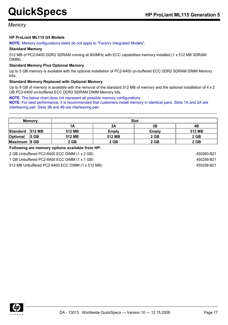 Memory, Quickspecs | HP ProLiant ML115 G5 User Manual | Page 17 / 26