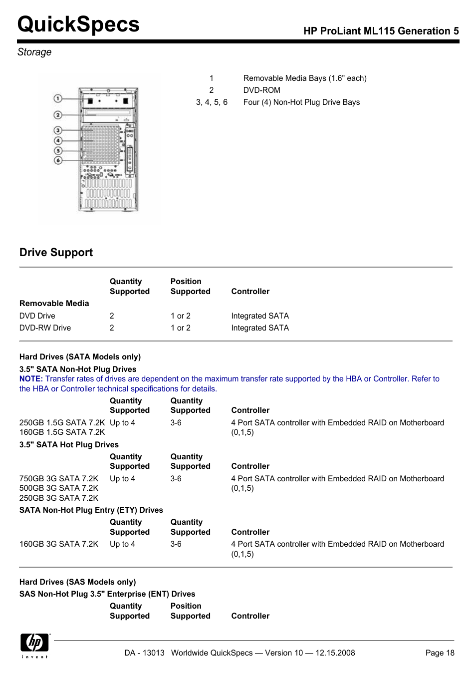 Storage, Quickspecs, Drive support | Hp proliant ml115 generation 5 storage | HP ProLiant ML115 G5 User Manual | Page 18 / 26