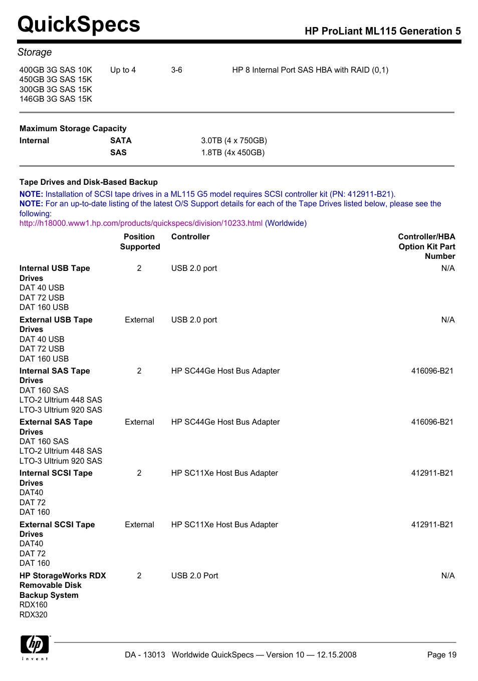 Quickspecs, Hp proliant ml115 generation 5 storage | HP ProLiant ML115 G5 User Manual | Page 19 / 26