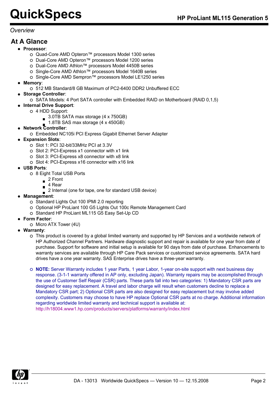 Quickspecs, At a glance, Hp proliant ml115 generation 5 overview | HP ProLiant ML115 G5 User Manual | Page 2 / 26