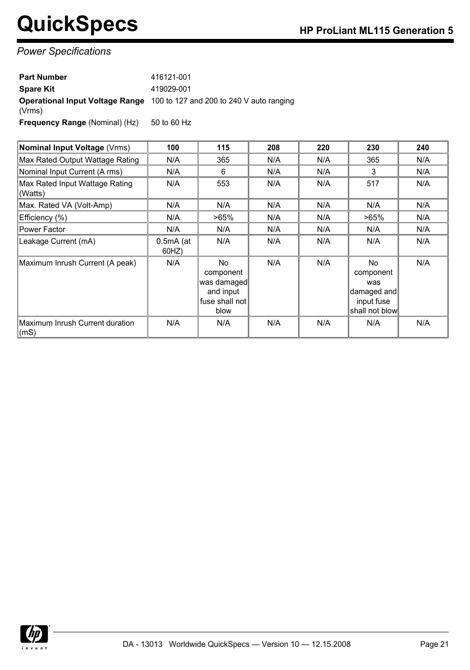 Power specifications, Quickspecs | HP ProLiant ML115 G5 User Manual | Page 21 / 26