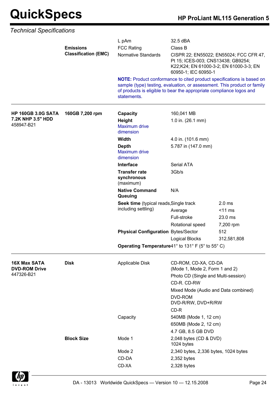 Quickspecs | HP ProLiant ML115 G5 User Manual | Page 24 / 26