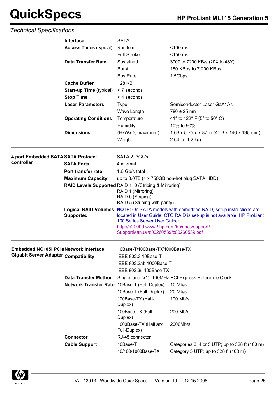 Quickspecs | HP ProLiant ML115 G5 User Manual | Page 25 / 26