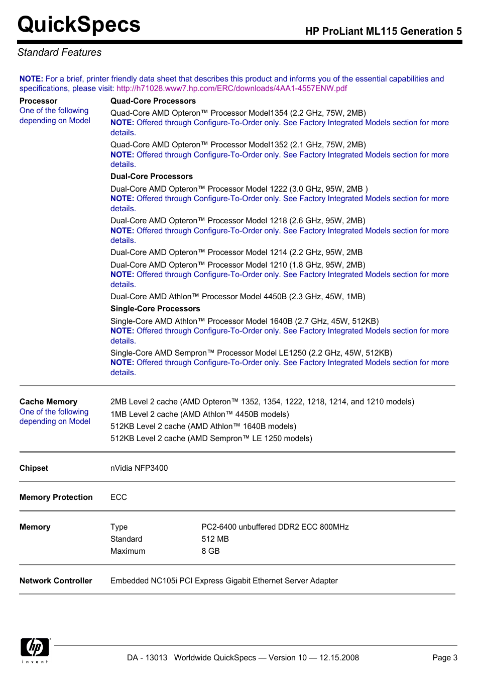 Standard features, Quickspecs, Hp proliant ml115 generation 5 standard features | HP ProLiant ML115 G5 User Manual | Page 3 / 26