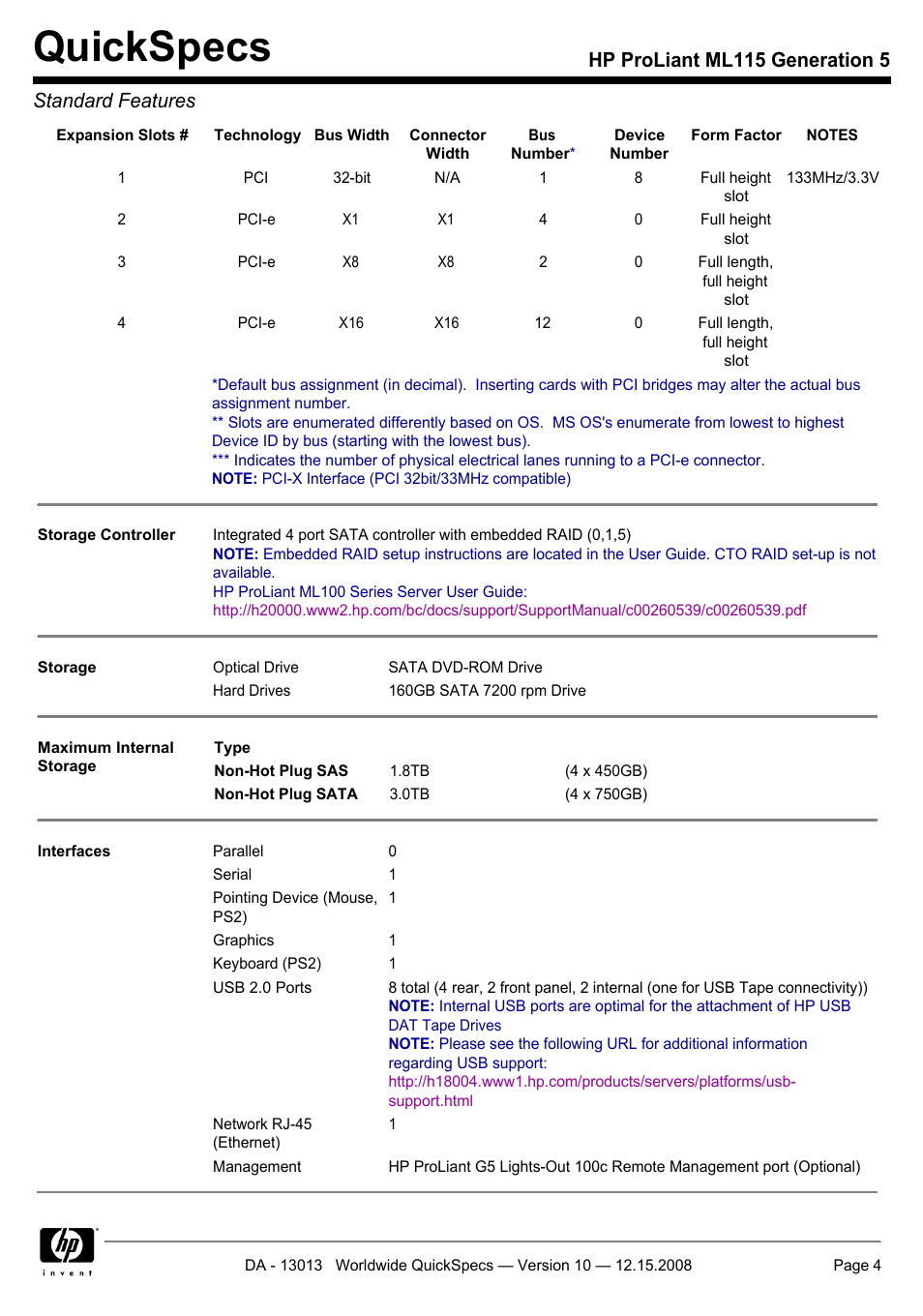 Quickspecs, Hp proliant ml115 generation 5 standard features | HP ProLiant ML115 G5 User Manual | Page 4 / 26