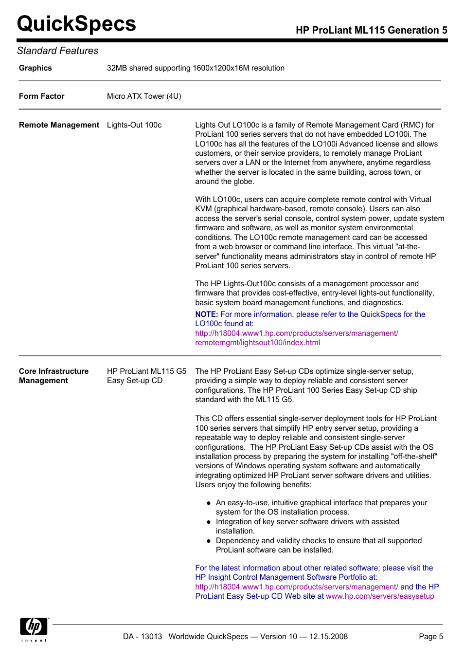 Quickspecs, Hp proliant ml115 generation 5 standard features | HP ProLiant ML115 G5 User Manual | Page 5 / 26