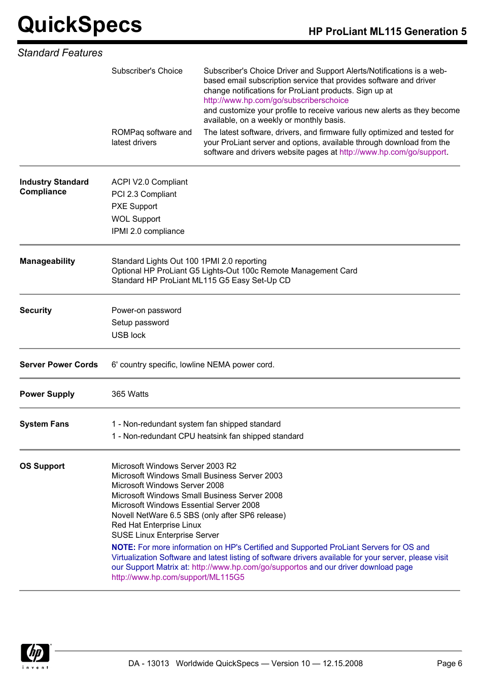 Quickspecs, Hp proliant ml115 generation 5 standard features | HP ProLiant ML115 G5 User Manual | Page 6 / 26