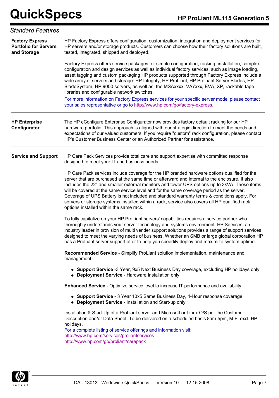 Quickspecs, Hp proliant ml115 generation 5 standard features | HP ProLiant ML115 G5 User Manual | Page 7 / 26