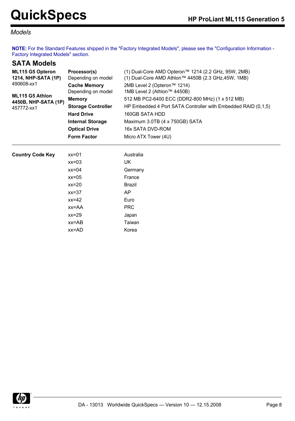 Models, Quickspecs, Sata models | Hp proliant ml115 generation 5 models | HP ProLiant ML115 G5 User Manual | Page 8 / 26