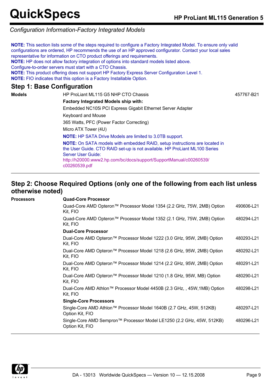 Quickspecs, Step 1: base configuration | HP ProLiant ML115 G5 User Manual | Page 9 / 26