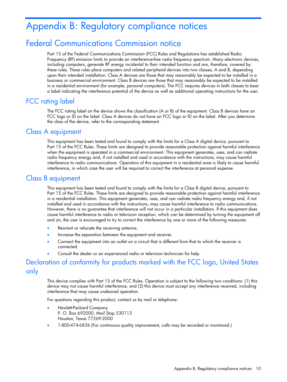 Appendix b: regulatory compliance notices, Federal communications commission notice, Fcc rating label | Class a equipment, Class b equipment | HP 6-Port SATA RAID User Manual | Page 10 / 25