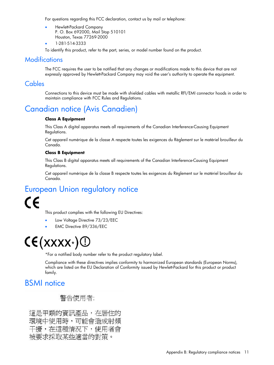 Modifications, Cables, Canadian notice (avis canadien) | European union regulatory notice, Bsmi notice | HP 6-Port SATA RAID User Manual | Page 11 / 25