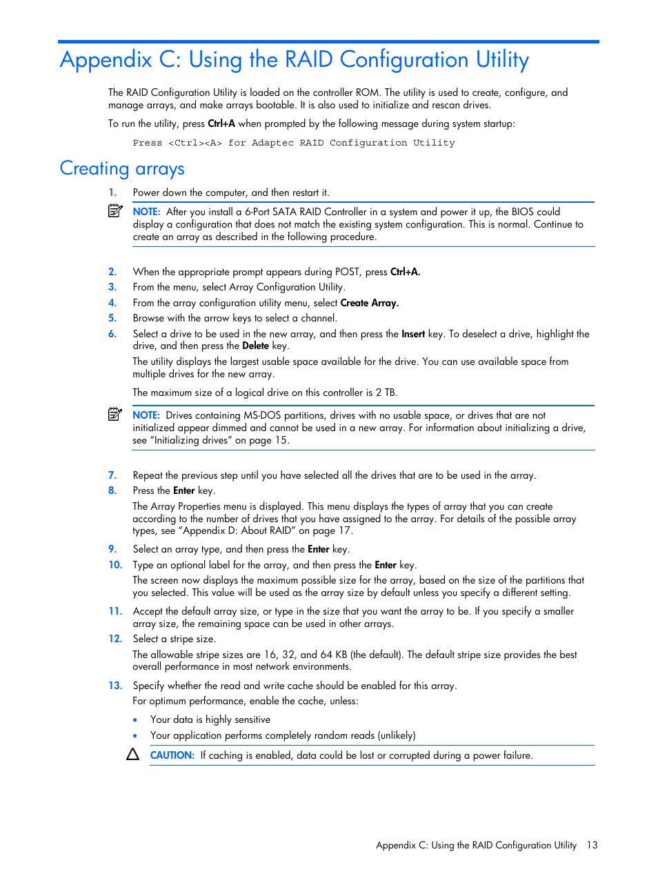 Appendix c: using the raid configuration utility, Creating arrays | HP 6-Port SATA RAID User Manual | Page 13 / 25