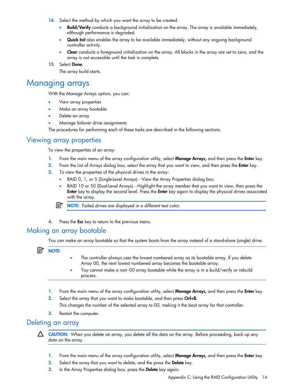 Managing arrays, Viewing array properties, Making an array bootable | Deleting an array | HP 6-Port SATA RAID User Manual | Page 14 / 25