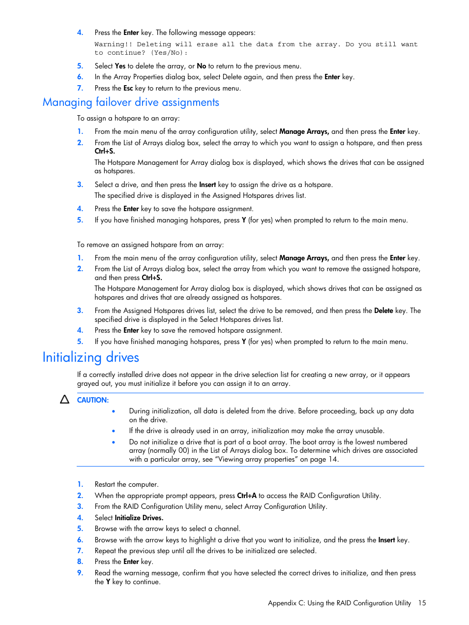 Managing failover drive assignments, Initializing drives | HP 6-Port SATA RAID User Manual | Page 15 / 25