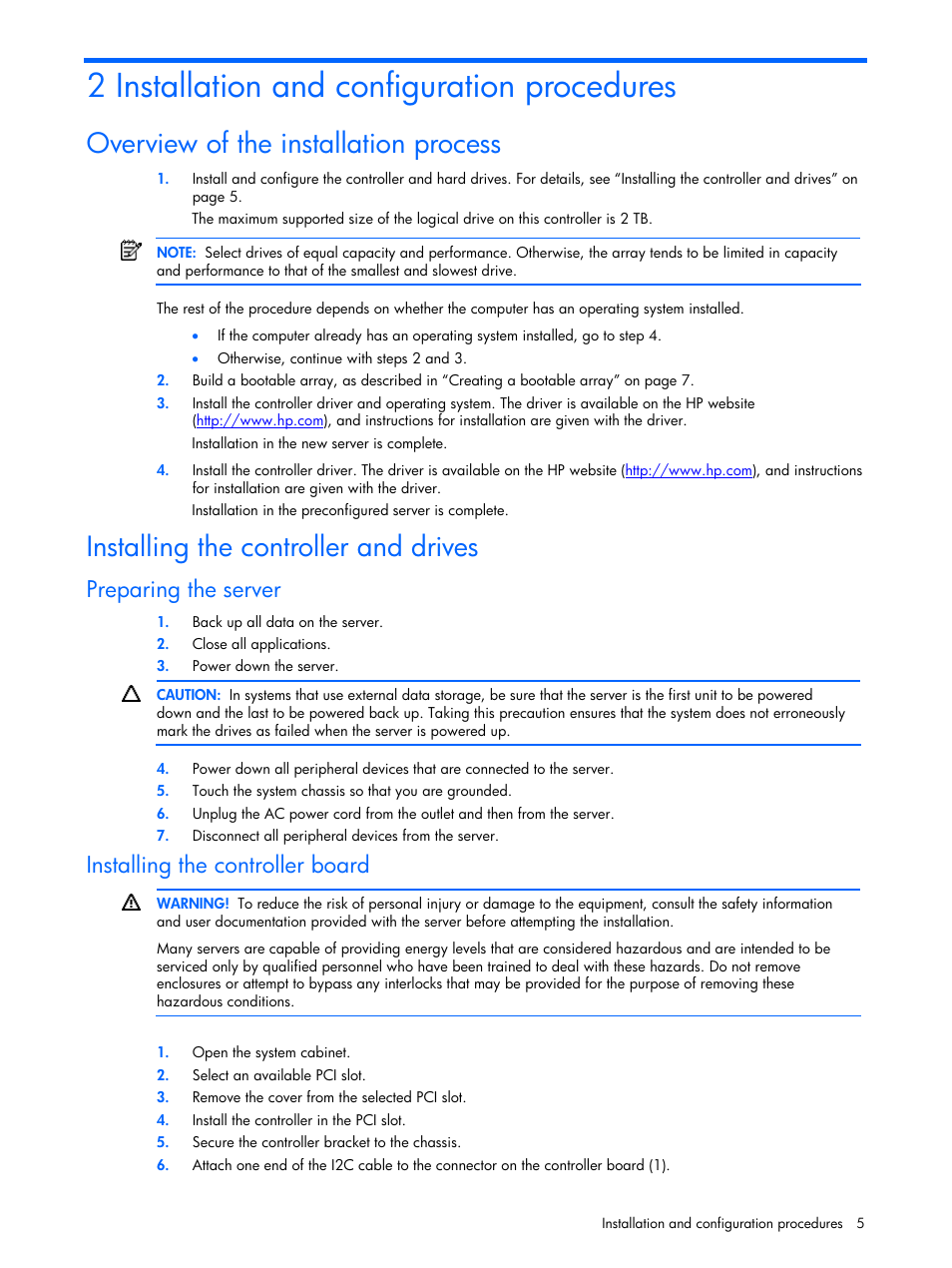 Installation and configuration procedures, Overview of the installation process, Installing the controller and drives | Preparing the server, Installing the controller board, 2 installation and configuration procedures | HP 6-Port SATA RAID User Manual | Page 5 / 25