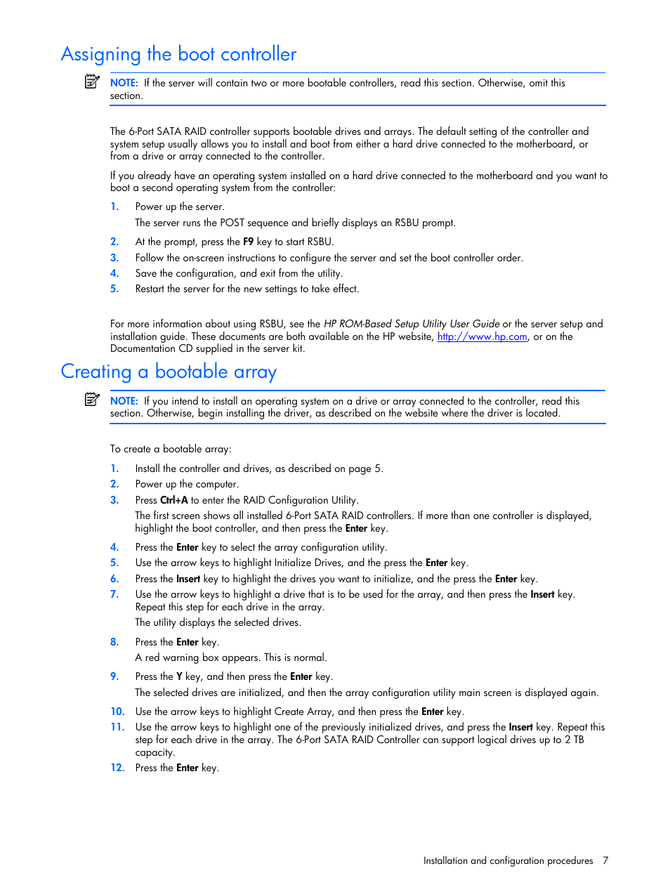 Assigning the boot controller, Creating a bootable array | HP 6-Port SATA RAID User Manual | Page 7 / 25