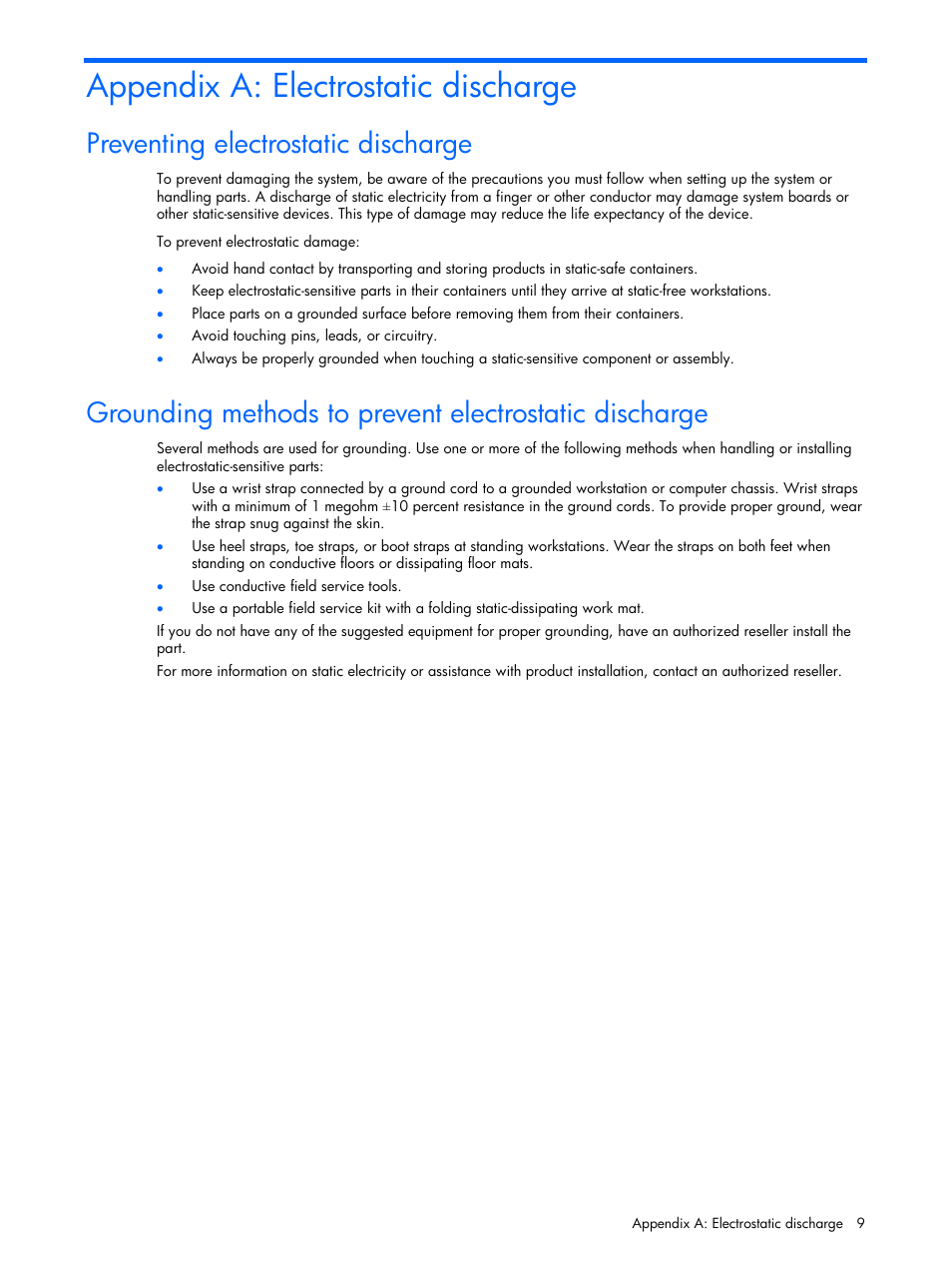 Appendix a: electrostatic discharge, Preventing electrostatic discharge | HP 6-Port SATA RAID User Manual | Page 9 / 25