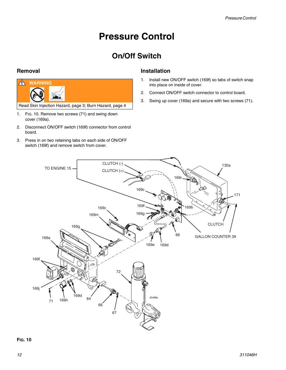 Pressure control, Install dr, On/off switch | Removal, Installation | HP GMAX 5900 User Manual | Page 12 / 28