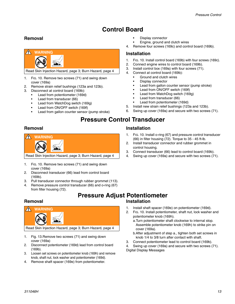 Control board, Pressure control transducer, Pressure adjust potentiometer | Removal, Installation | HP GMAX 5900 User Manual | Page 13 / 28