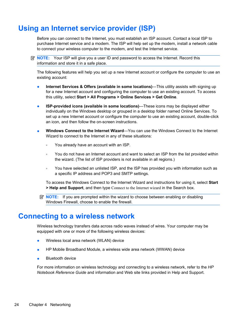 Using an internet service provider (isp), Connecting to a wireless network | HP 210 User Manual | Page 32 / 67