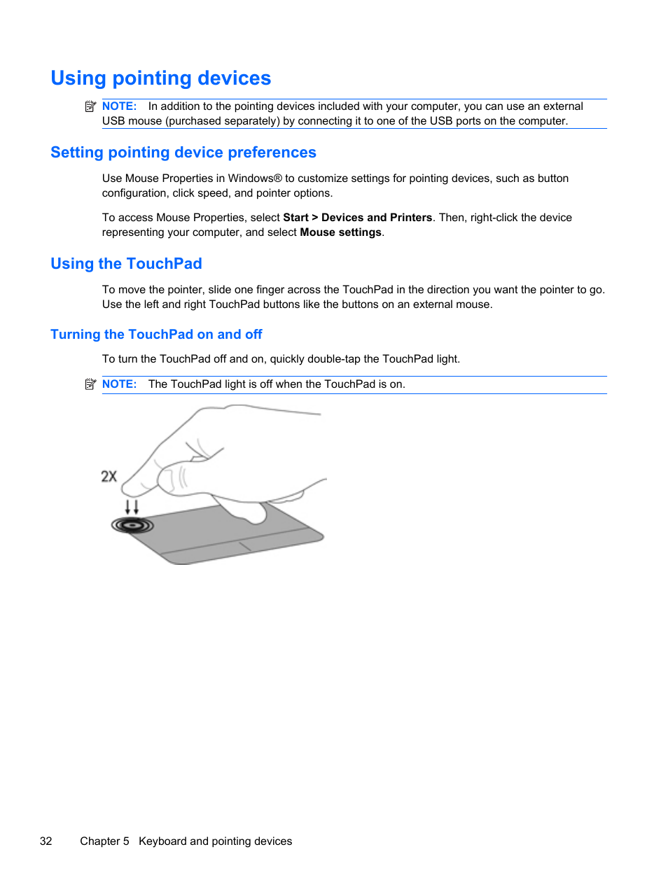 Using pointing devices, Setting pointing device preferences, Using the touchpad | Turning the touchpad on and off | HP 210 User Manual | Page 40 / 67