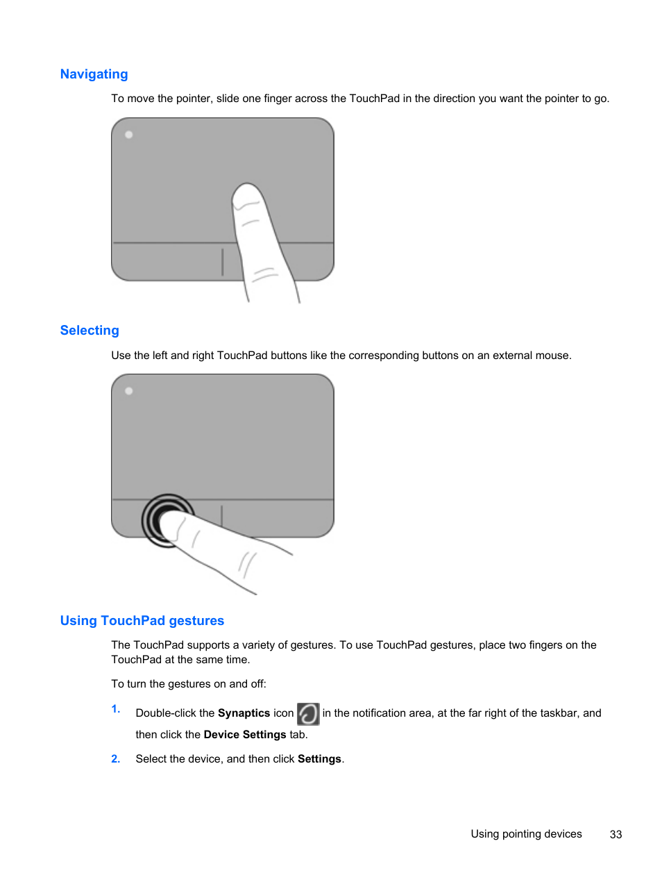 Navigating, Selecting, Using touchpad gestures | Navigating selecting using touchpad gestures | HP 210 User Manual | Page 41 / 67