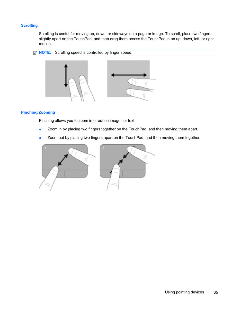 Scrolling, Pinching/zooming, Scrolling pinching/zooming | HP 210 User Manual | Page 43 / 67