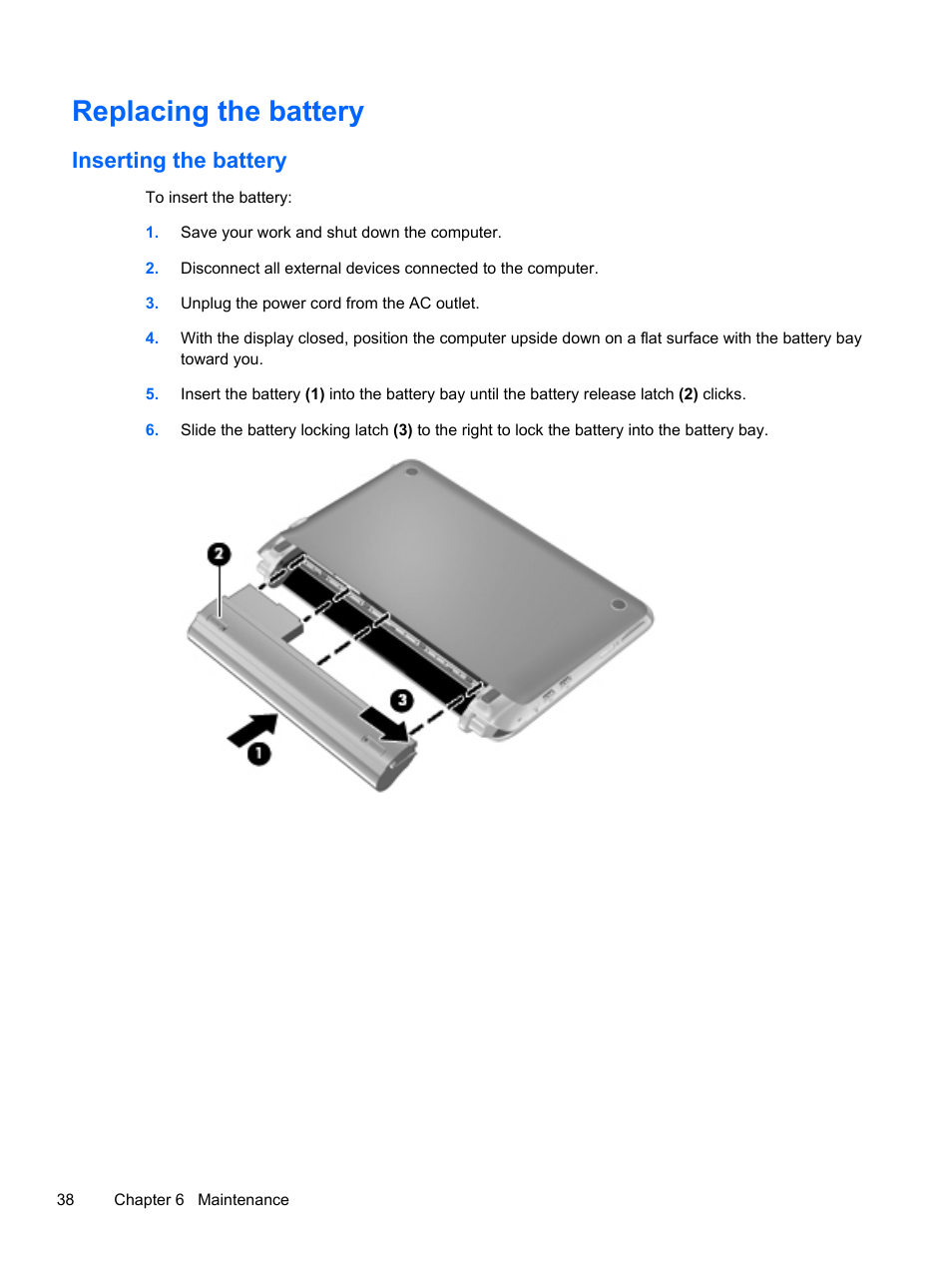 Replacing the battery, Inserting the battery | HP 210 User Manual | Page 46 / 67