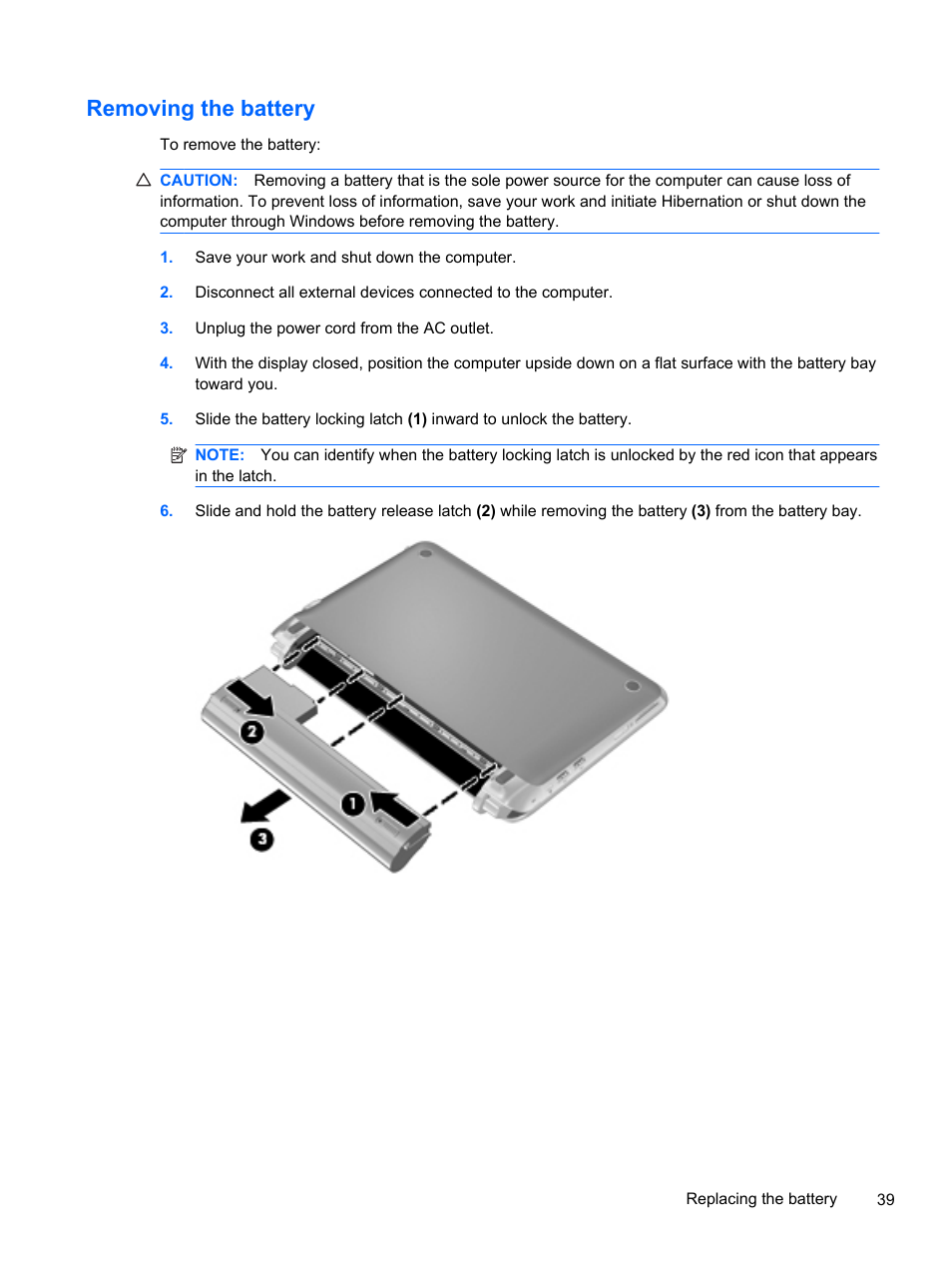 Removing the battery | HP 210 User Manual | Page 47 / 67