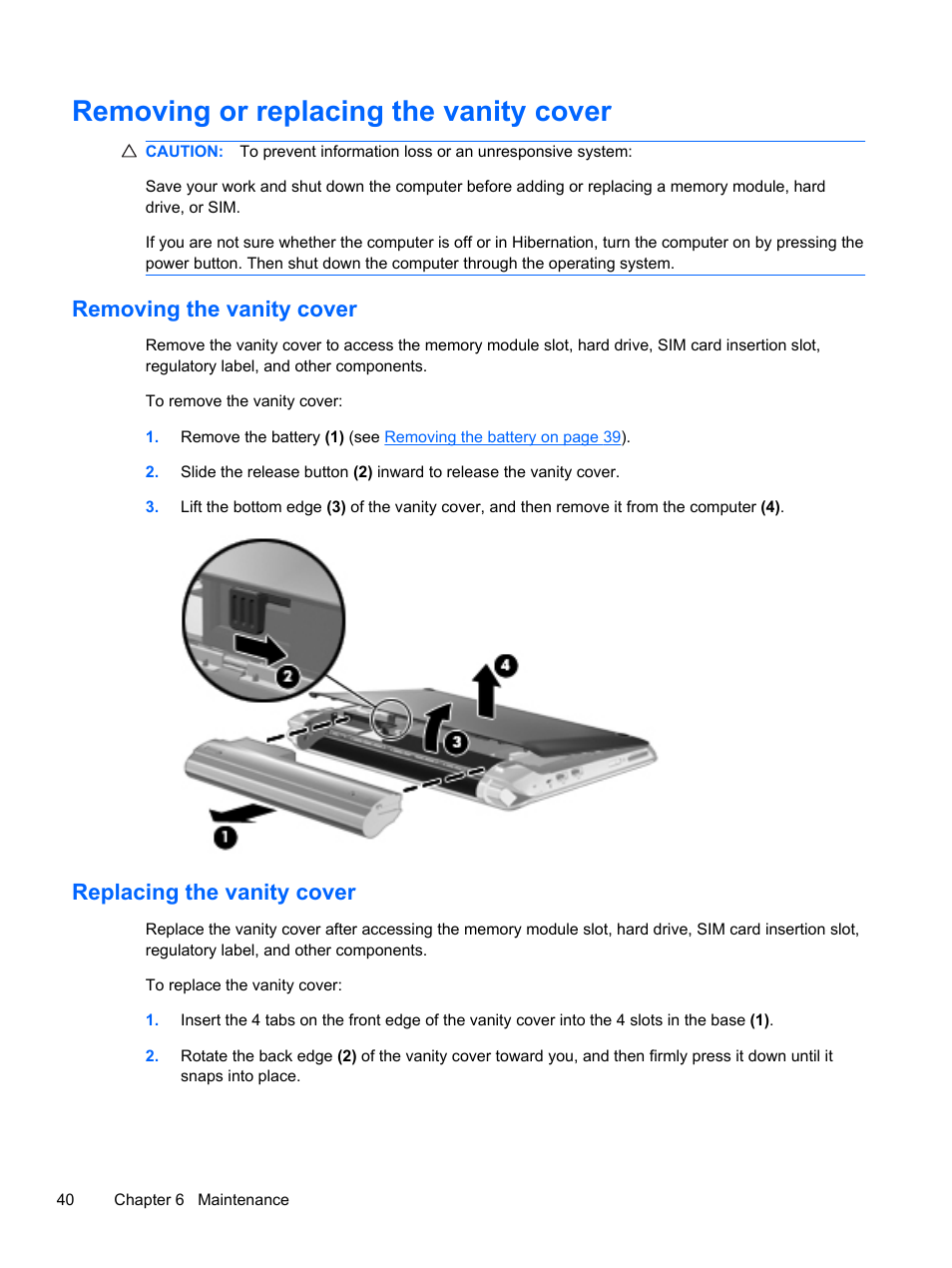 Removing or replacing the vanity cover, Removing the vanity cover, Replacing the vanity cover | HP 210 User Manual | Page 48 / 67