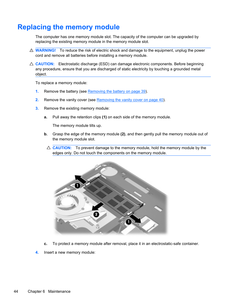 Replacing the memory module | HP 210 User Manual | Page 52 / 67