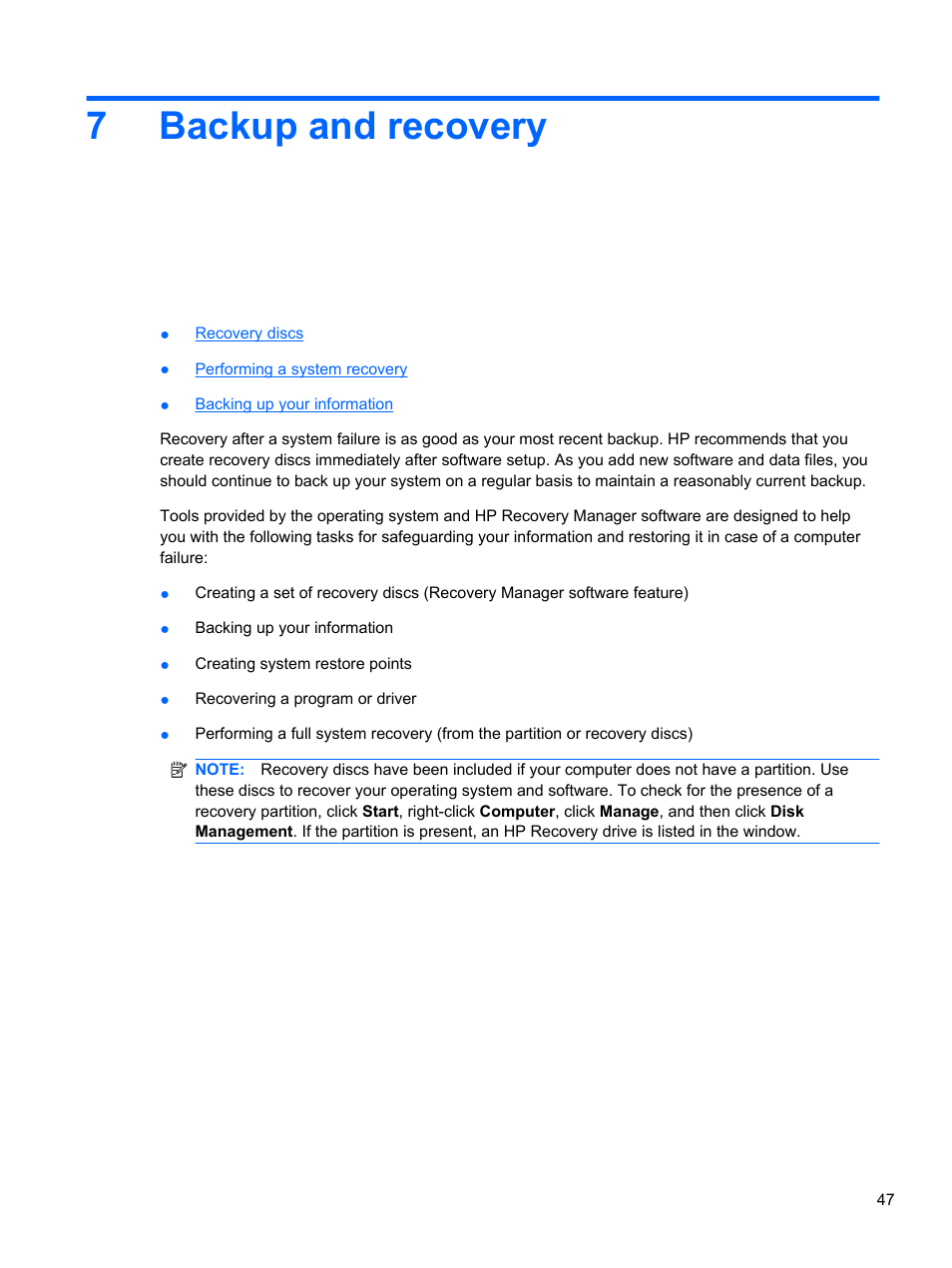Backup and recovery, 7 backup and recovery, 7backup and recovery | HP 210 User Manual | Page 55 / 67