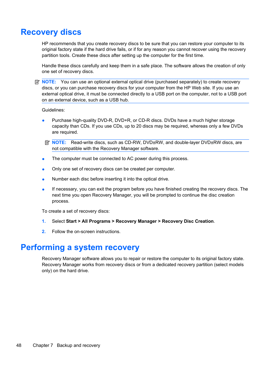Recovery discs, Performing a system recovery, Recovery discs performing a system recovery | HP 210 User Manual | Page 56 / 67