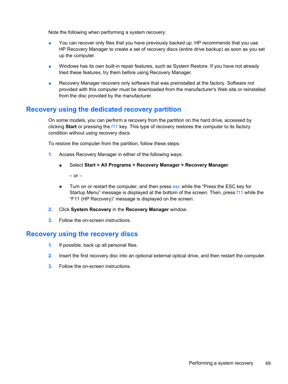 Recovery using the dedicated recovery partition, Recovery using the recovery discs | HP 210 User Manual | Page 57 / 67