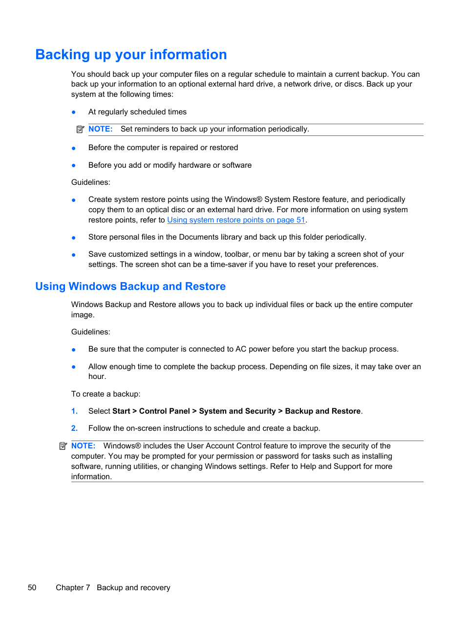 Backing up your information, Using windows backup and restore | HP 210 User Manual | Page 58 / 67