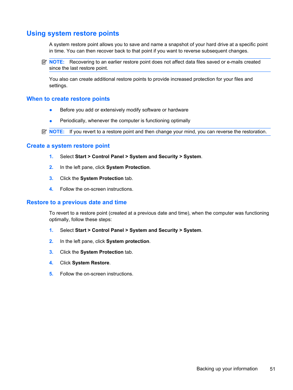 Using system restore points, When to create restore points, Create a system restore point | Restore to a previous date and time | HP 210 User Manual | Page 59 / 67