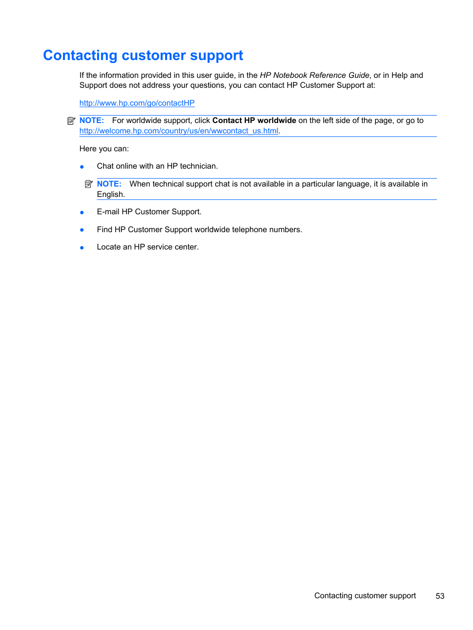 Contacting customer support | HP 210 User Manual | Page 61 / 67