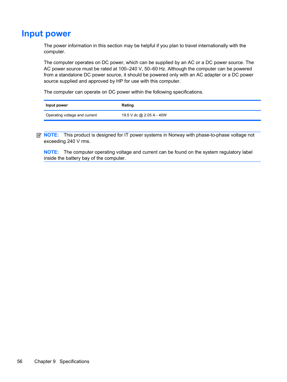 Input power | HP 210 User Manual | Page 64 / 67