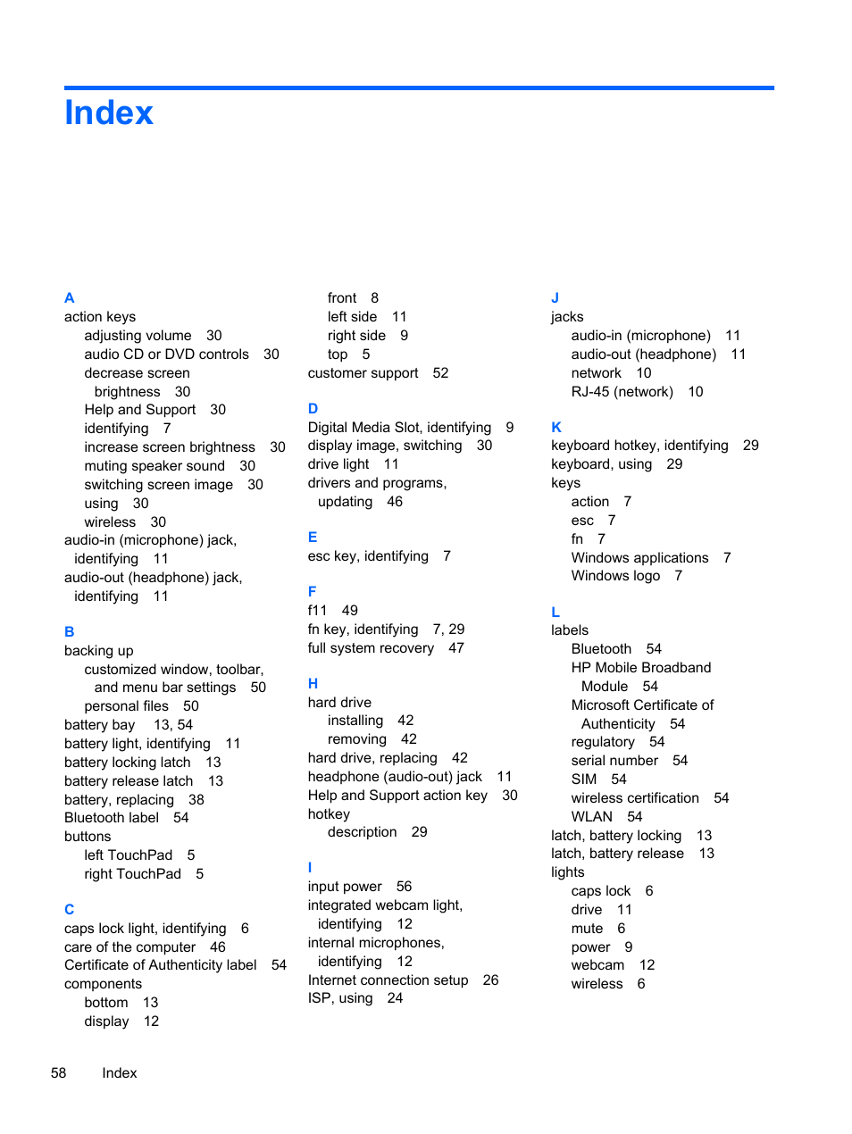 Index | HP 210 User Manual | Page 66 / 67