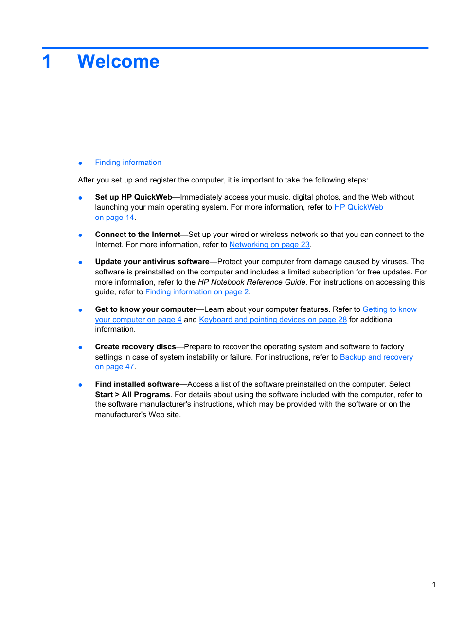 Welcome, 1 welcome, 1welcome | HP 210 User Manual | Page 9 / 67