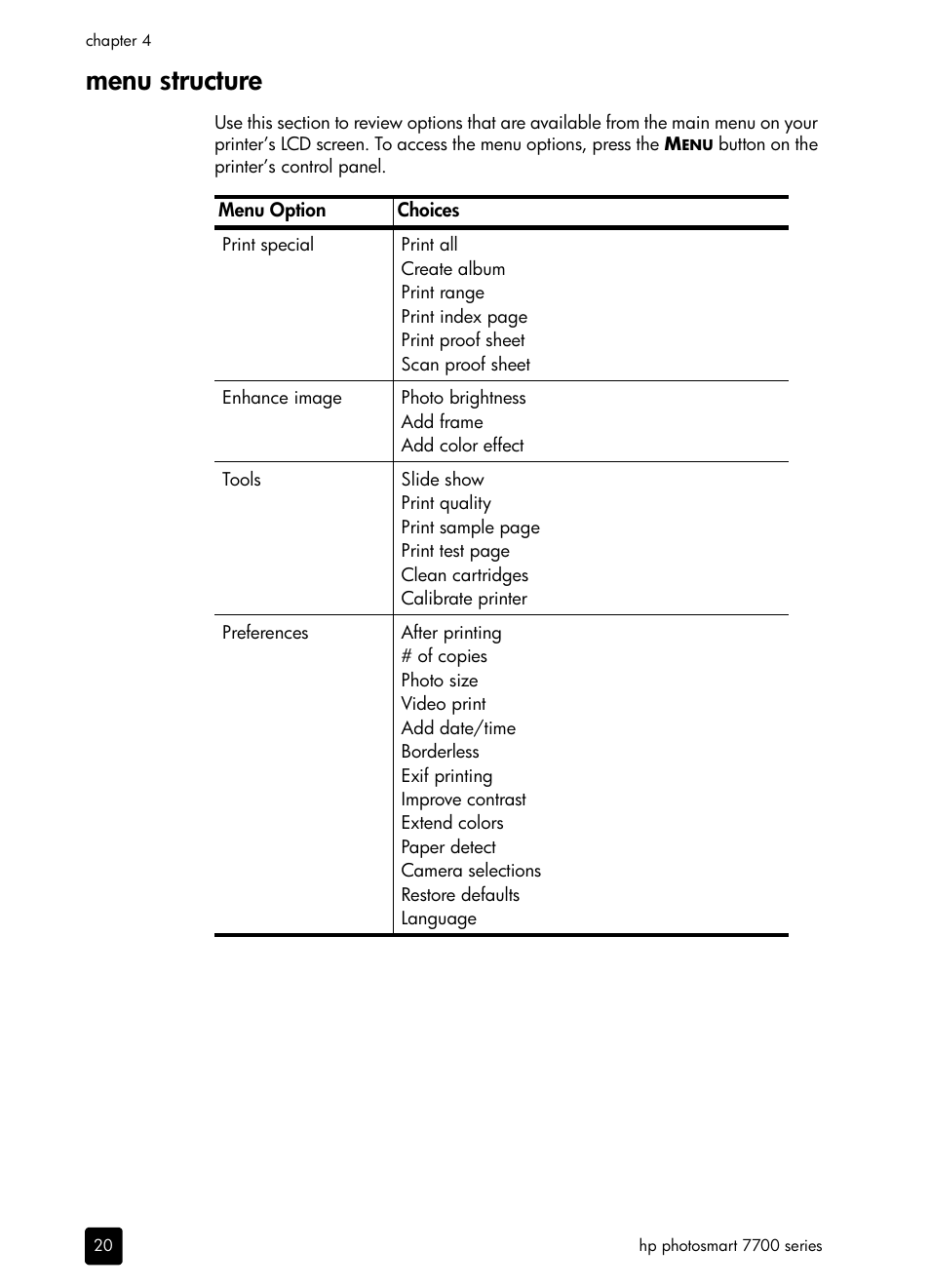 Menu structure | HP 7700 User Manual | Page 10 / 32