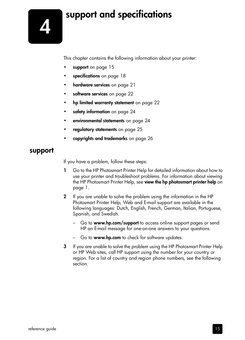 Support and specifications, Support | HP 7700 User Manual | Page 19 / 32