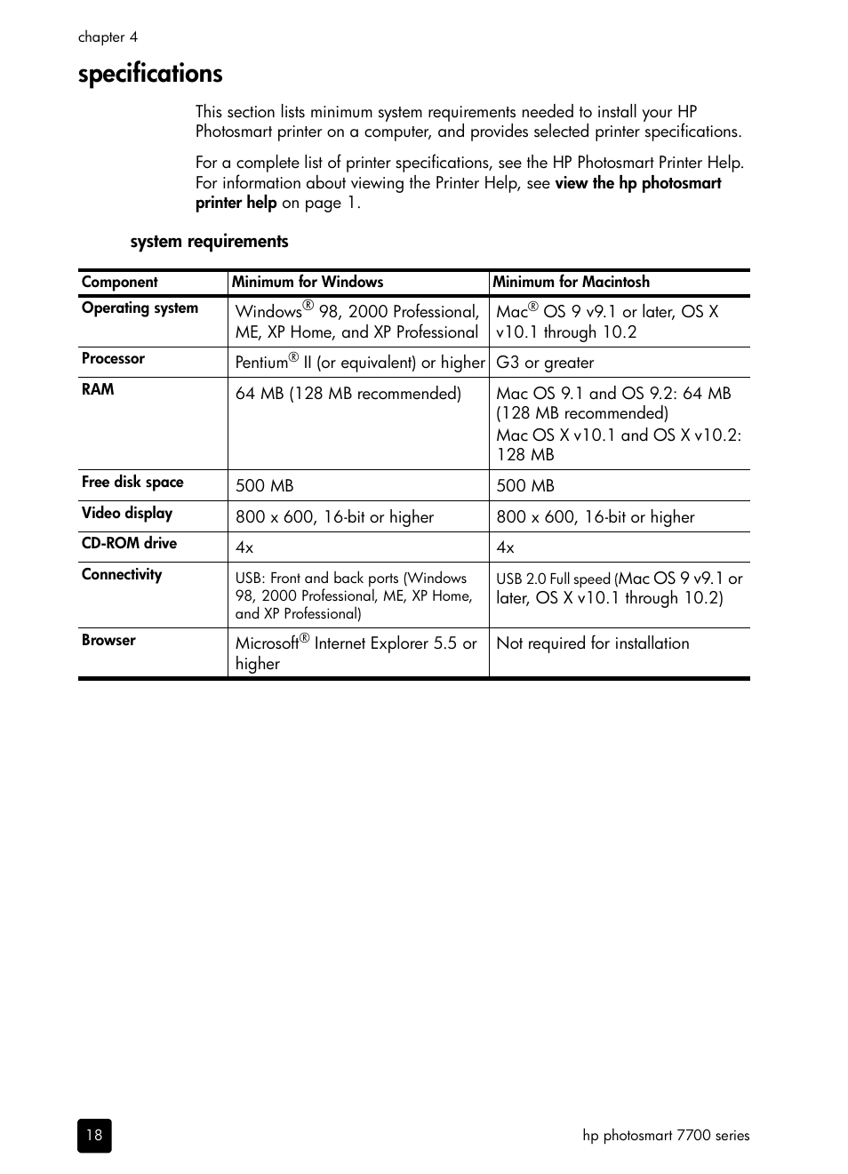 Specifications | HP 7700 User Manual | Page 22 / 32