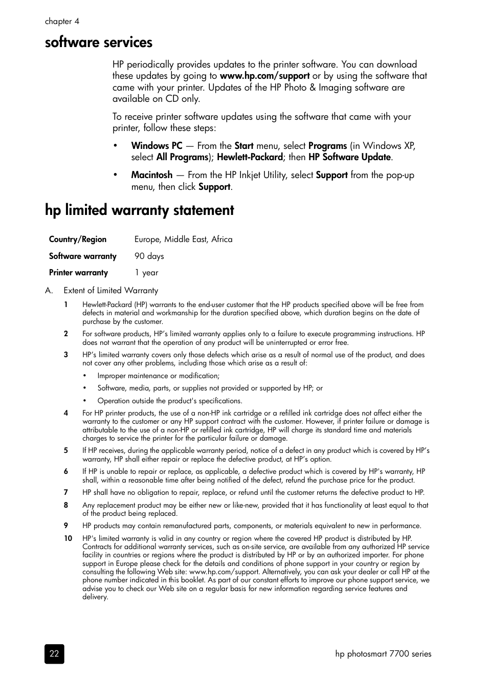 Software services, Hp limited warranty statement | HP 7700 User Manual | Page 26 / 32