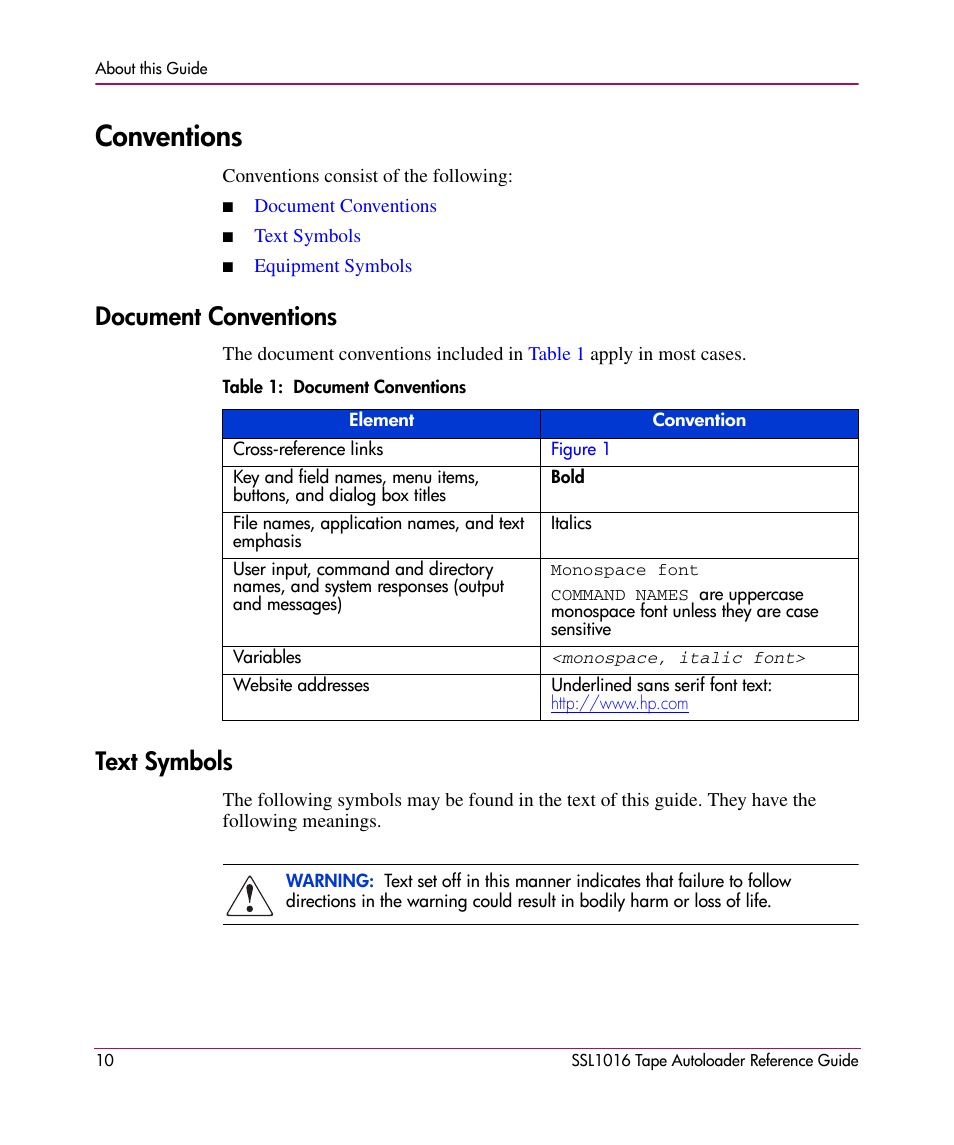 Conventions, Document conventions, Text symbols | Document conventions text symbols | HP STORAGEWORKS SSL1016 User Manual | Page 10 / 160