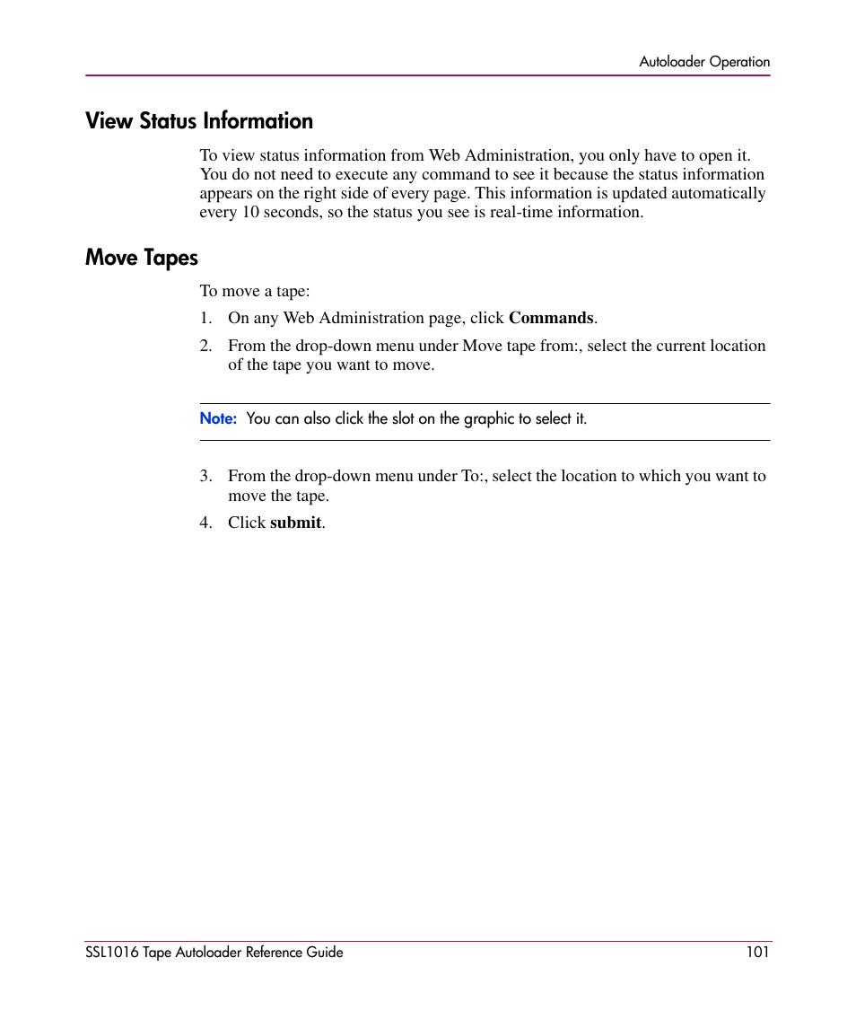 View status information, Move tapes, View status information move tapes | HP STORAGEWORKS SSL1016 User Manual | Page 101 / 160