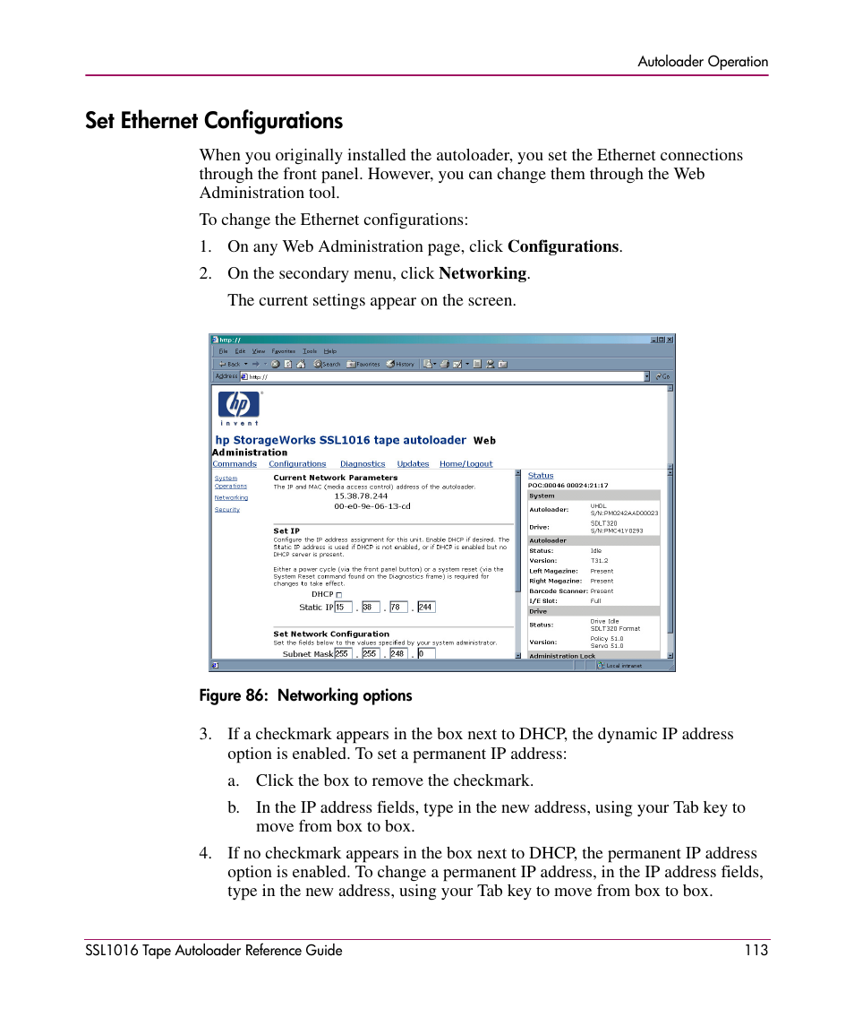 Set ethernet configurations | HP STORAGEWORKS SSL1016 User Manual | Page 113 / 160