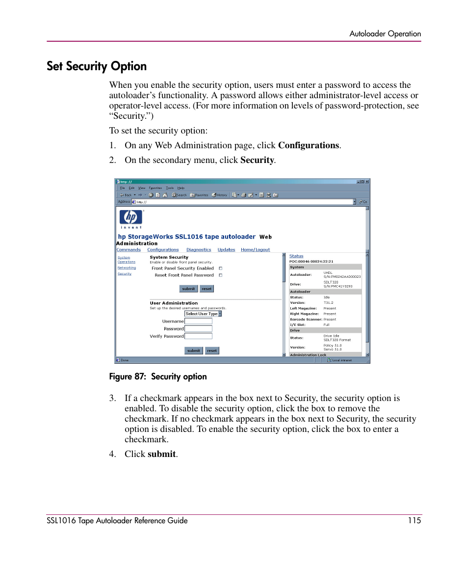 Set security option | HP STORAGEWORKS SSL1016 User Manual | Page 115 / 160